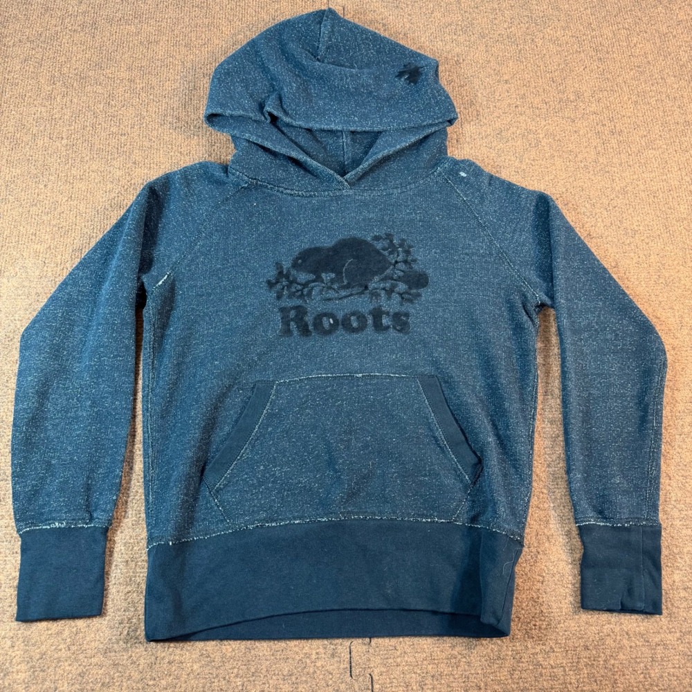 Roots Athletics Hoodie Womens XXS Grey Salt and Pepper Flocked Beaver Logo